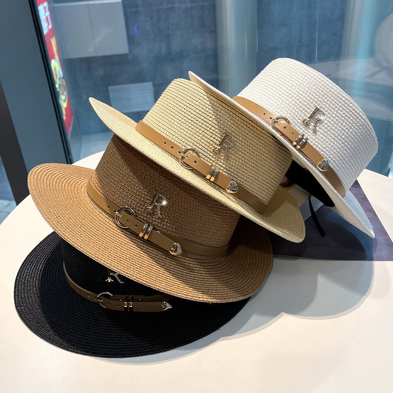 Metal letter R leather buckle with straw hat