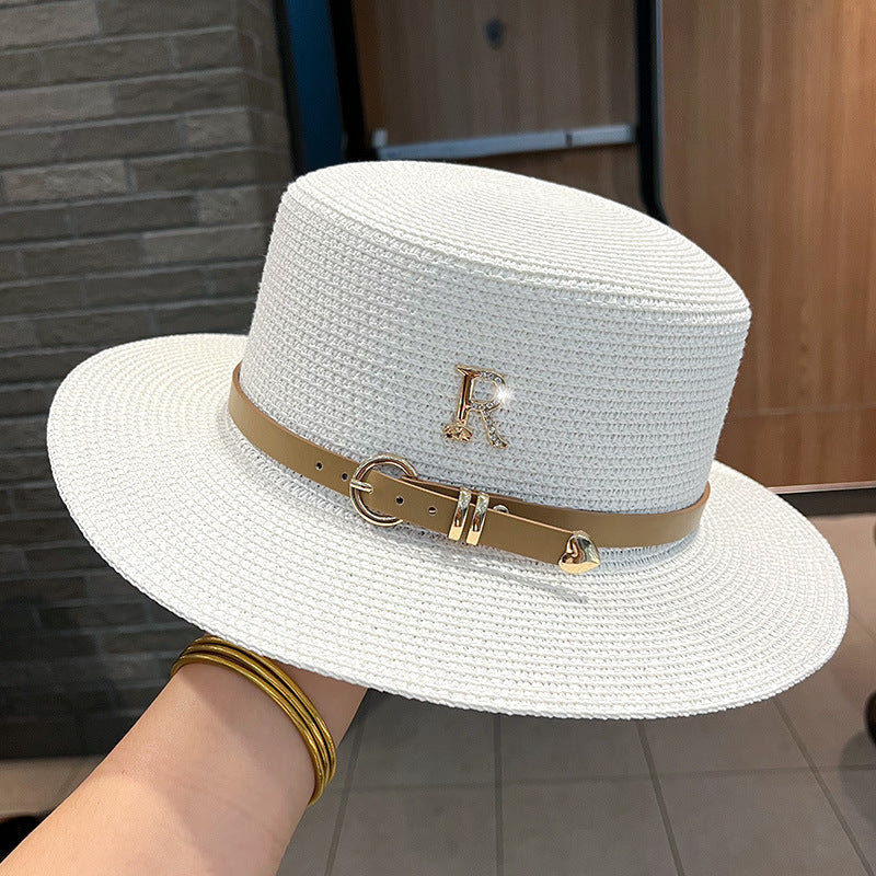 Metal letter R leather buckle with straw hat