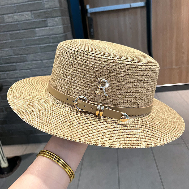 Metal letter R leather buckle with straw hat