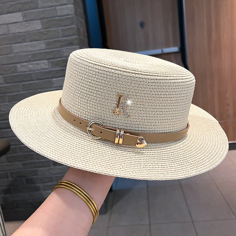 Metal letter R leather buckle with straw hat