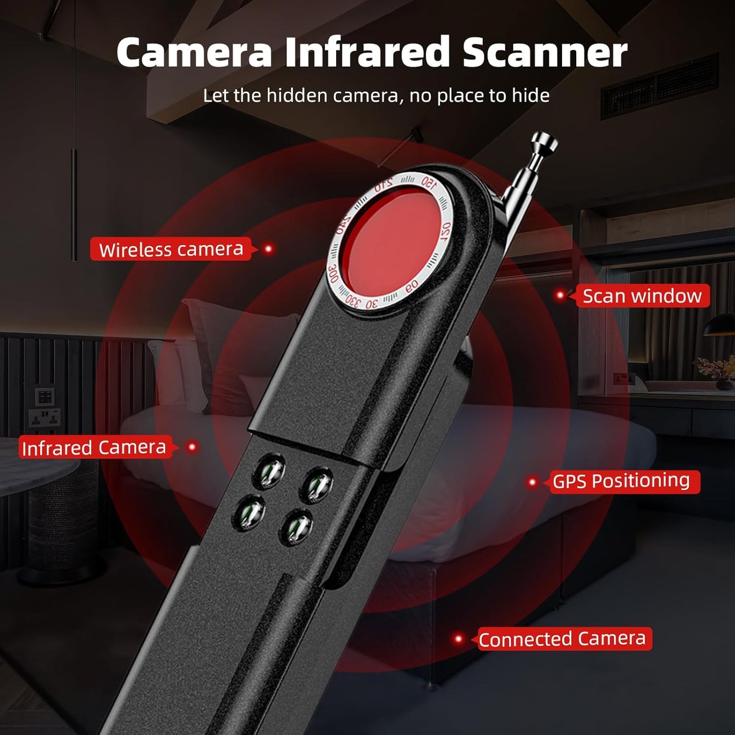 Aroeally Hidden Camera Detector - 2025 Camera Detector, Hidden Device GPS Detector, Bug Detector, Camera Detector for Hotels, Travel, Office, 5 Levels Sensitivity (Black)