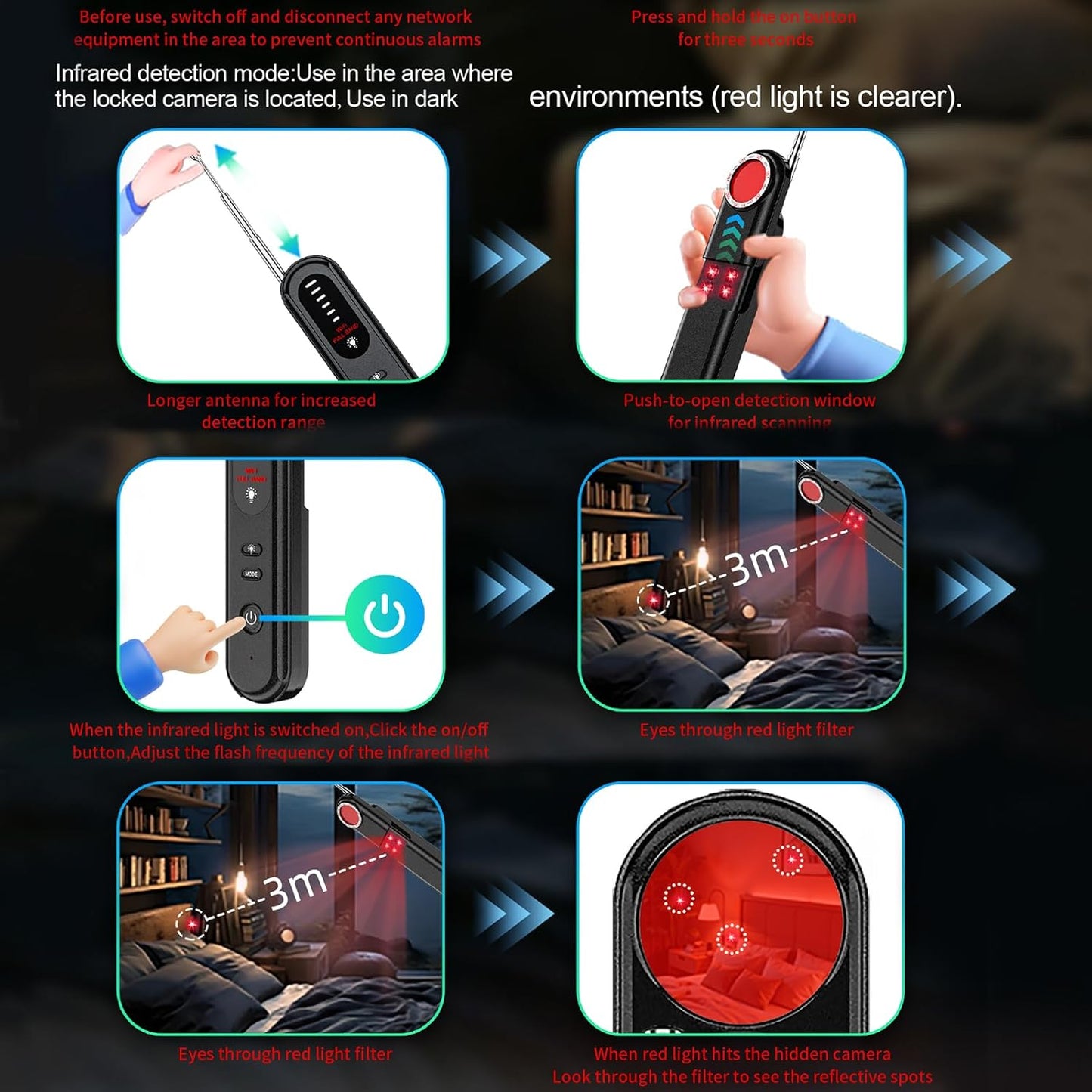 Aroeally Hidden Camera Detector - 2025 Camera Detector, Hidden Device GPS Detector, Bug Detector, Camera Detector for Hotels, Travel, Office, 5 Levels Sensitivity (Black)